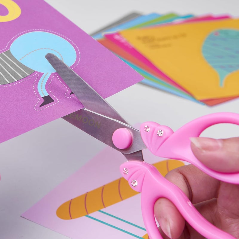 SLEMOON Scissors for Kids Ages 4-8 | Blunt Tip Safety Toddler Scissors, Stainless Steel Blades, ABS Plastic | School Craft Supplies, Art Projects, Pink (Princess Design with Rhinestones) - Image 4